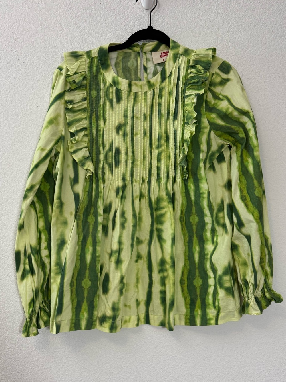 Samant Chauhan Green Tie Dye Cotton Blouse Boho Artisan Pintuck Ruffle Top S
